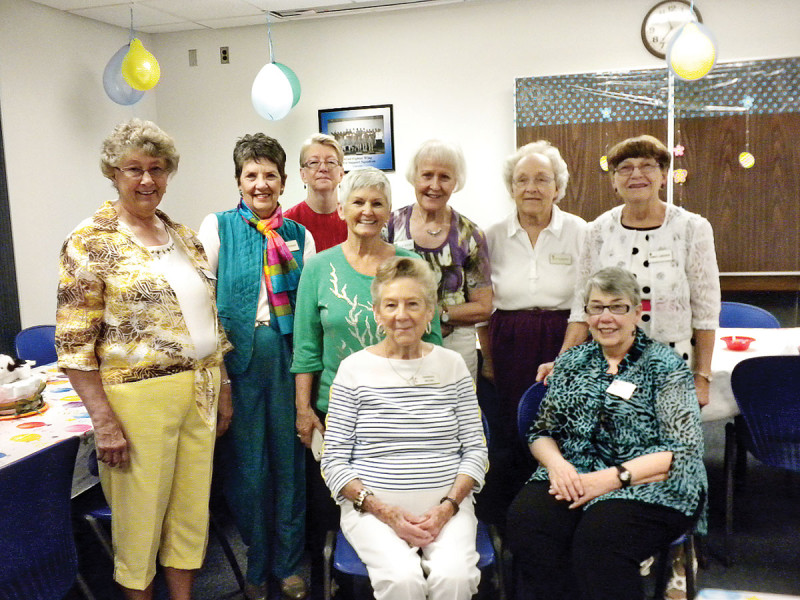 Green Valley MOAA Auxiliary hosts fourth annual Baby Shower for 162nd FW, AZANG. Left to right from back: Jackie Dow, Sharon Rychener, Judy Knox, Betty Atwater, Gisela Dolney, Betty Deardorf and Fran Labossiere; front, Barbara Brown and Lynda Linker
