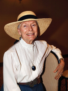 President of the Docent Council of the Arizona Historical Society Southern Division Shirley Pinkerton dressed in period costume for her performance for TWOQC; photo by Eileen Sykora.