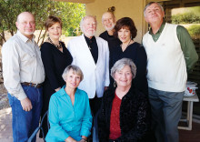 Cast of Lend Me A Tenor, standing: Ray Hebert, Diana Paul, Jerry Smith, Jeff Webster, Francesca Schelenski and Davey Jones; seated, Pam Campbell and Sandra Haegele. Photo: QCPAG