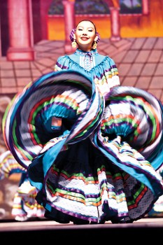 A dancer wears the bright colors of folklorico costume.