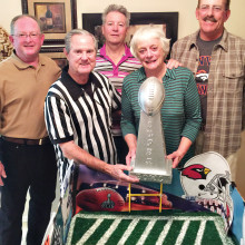 Back row, left to right: Frank Baker, Denny Huber and Rick Kimes; front, Lance Manning and Linda Matsen