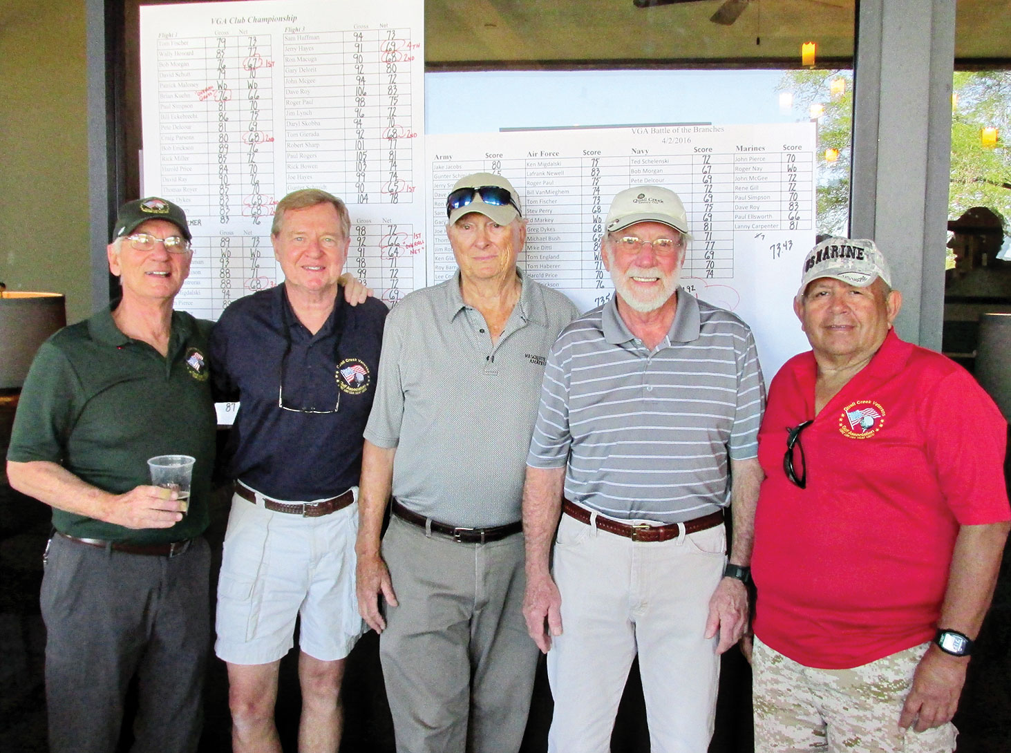 Gunter Schmidt, Tom Haberer, Brian Kuehn, Dave Burrows and tournament Chairman Rene Gill gather at the leader board following the tournament.