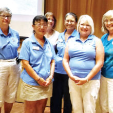 Left to right: Putters President Cathy Thiele congratulates JoAnn Nash, Monica Karpowicz, Lynda Pilcher, Shirley Johnson and Lois Williams who each achieved scores of 36 and lower for the first time in their Putters careers; photo by Neila Kozel