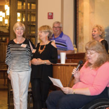 Trivia Crew, left to right: Joyce Walton, Pam Campbell, Bruce Ranney, Cyndy Gierada, Donna Smith (with microphone); photo by Jeff Krueger
