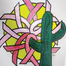 Kandi Roy created the stained glass design with the rising sun providing a background for the breast cancer ribbons all held in the arms of a Saguaro.