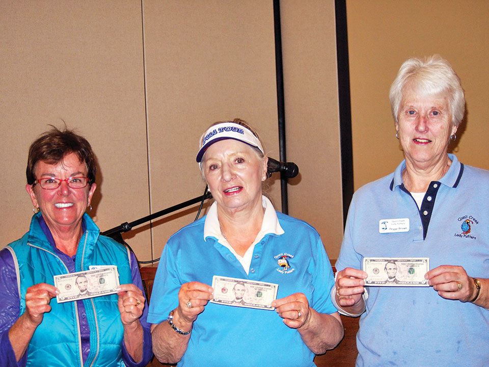 Left to right: Mystery Money Hole Winners Patty Hall, Frieda Hyles and Peggy Brown show off their winnings; photo by Sylvia Butler.