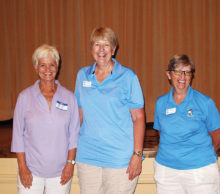 Left to right: BJ Hanks and Janet Wegner are congratulated by Cathy Thiele for putting under 36 for the first time; photo by Sylvia Butler.