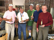 Top shooter from each Robson Community, left to right: Ron Schroer, Robson Ranch; Roger Fendt, Quail Creek; Darwin Puls, PebbleCreek; Charles Chapman, Sun Lakes; Bruce Engle, SunBird and Dave Sack, SaddleBrooke