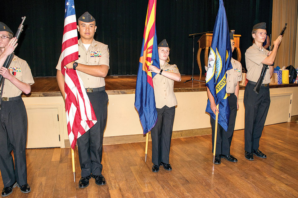 Cadets prepare to post the Colors; photo by Eileen Sykora