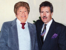 Pam “Alex Trebek” Rodgers and the real man himself; photo courtesy of Doug Mutter and Janice Swaim