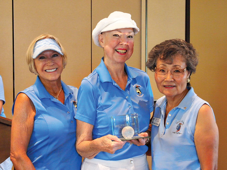 Joyce Walton holds the Crystal Golf Ball plaque flanked by Diane Dodd (left) and Yoshie Hennessy. Each will be able to take the plaque home for three weeks to show it off to family and friends; photo by Sylvia Butler.