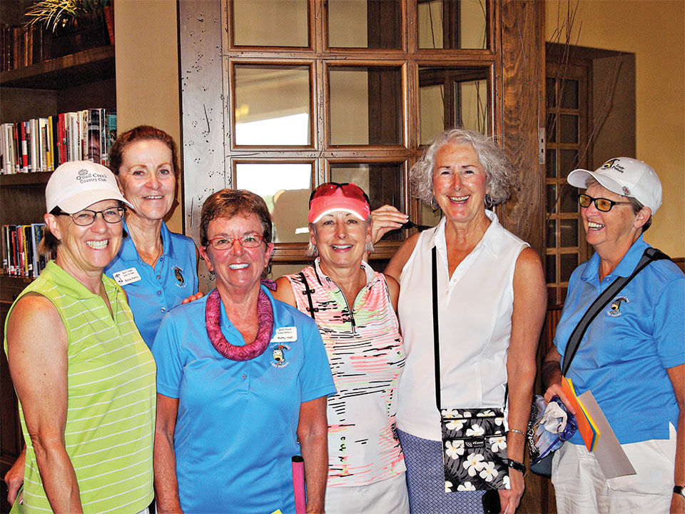 Left to right: 1st place team winners were Rose Welliver, Sylvia Perry, Patty Hall and Kathy Stotz shown with the two club Presidents Chris Gould and Cathy Thiele; photo by Sylvia Butler