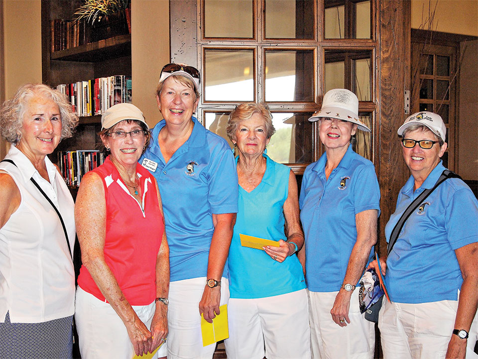 Left to right: 2nd place team Lady Golfers President Chris Gould congratulates Sandra Hrovatin, Janet Wegner, Lindsay Dickinson and Joyce Walton while Cathy Thiele looks on; photo by Sylvia Butler