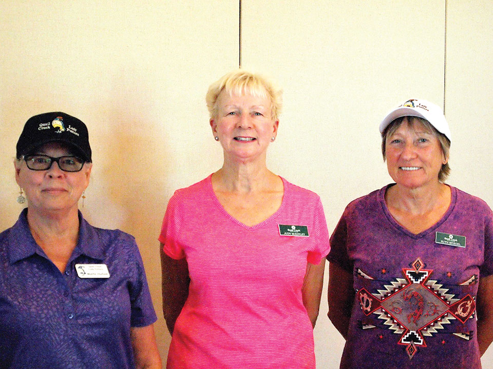 Left to right: Monte Hudson, Judy McKinley and Ruth Spiegel each scored under 40 in their first month as Putters; photo by Sylvia Butler