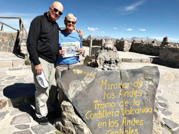 Ruth and Bill Maki viewed the Central Andes Volcanic Range in Peru at 16,109 ft. Of course, they traveled with their copy of the Crossing.