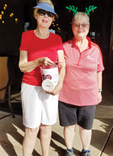 Joyce Walton (left) and Vicki Mahr hold the donation jar containing $710 for the Green Valley Food Bank. Photo by Peggy McGee.