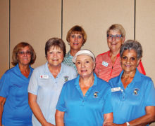 Left to right: Lee Schmidt, Kimberly Nichols, Ellen Entwistle, Frieda Hyles, Janet Wegner, and Alma Cavaletto all got at least five holes-in-one during one putting session. Photo by Sylvia Butler.