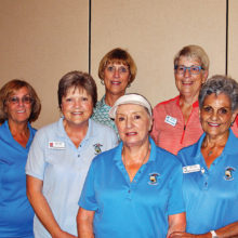 Left to right: Lee Schmidt, Kimberly Nichols, Ellen Entwistle, Frieda Hyles, Janet Wegner, and Alma Cavaletto all got at least five holes-in-one during one putting session. Photo by Sylvia Butler.