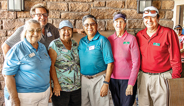 Left to right: Nancy McDaniels, Lou Moultrie, Kathy Olbeter, Al Olbeter, Joyce Walton, and Yoshie Hennessy were on one of the teams that tied for first place; Photo by Jim Burkstrand.