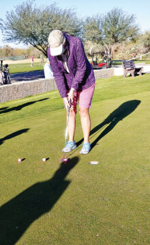 Janet Wegner demonstrated the 1-3-5 challenge, which is guaranteed to help improve one’s putting skills.